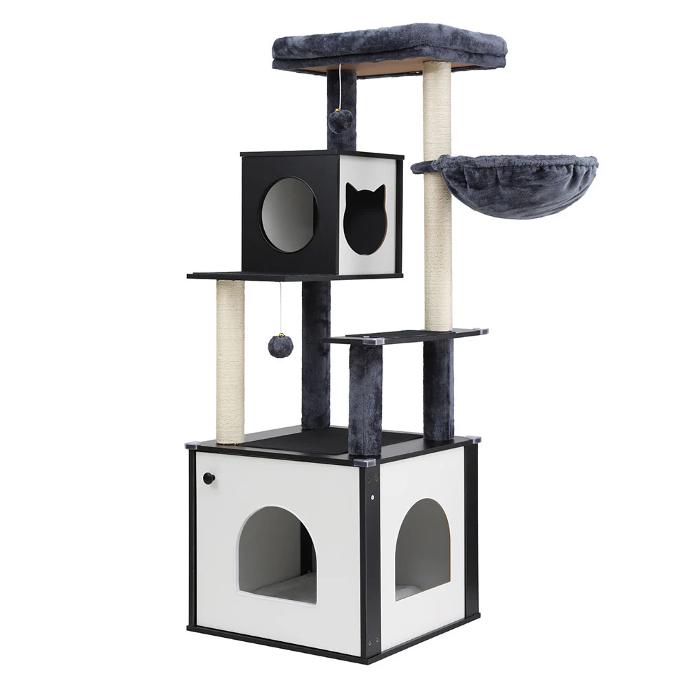 Cat Tree Tower Scratching Post Scratcher 144cm Wood Bed Condo House Cabinet - Image 7
