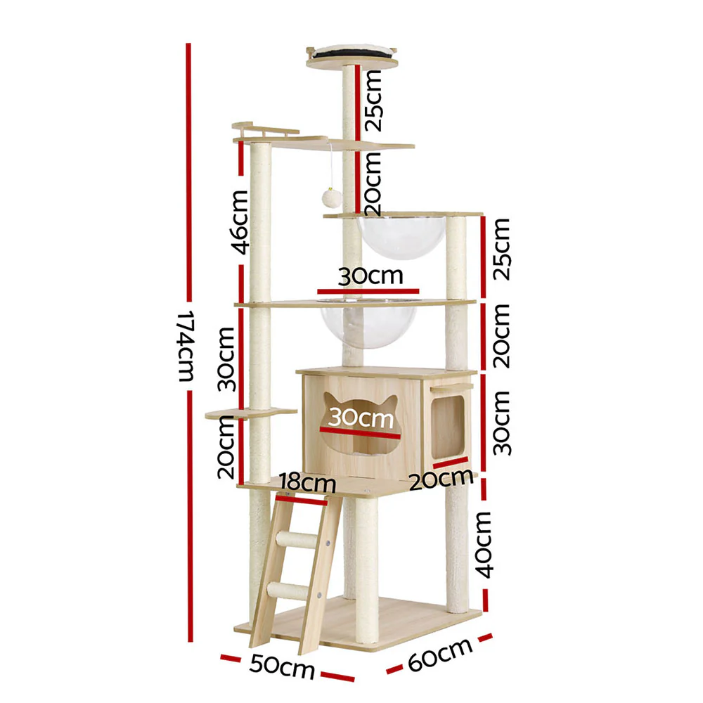 Cat Tree Tower Scratching Post Scratcher 174cm Wood Bed Condo House Ladder - Image 2