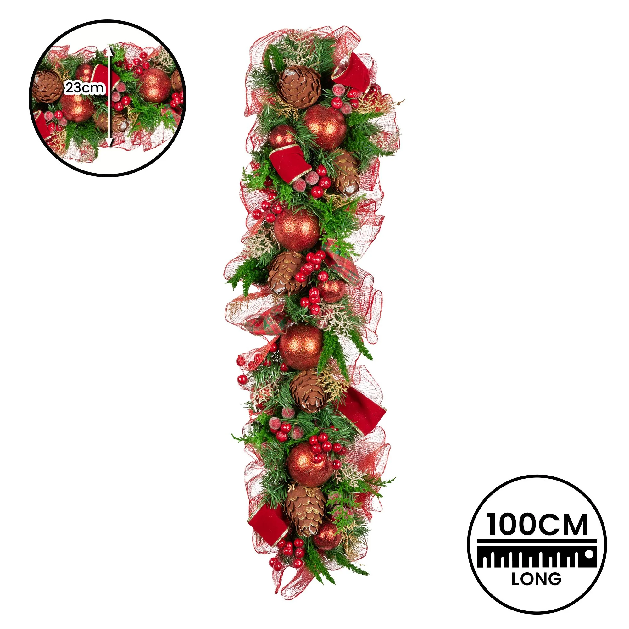 100cm Christmas Garland Lush Green Holiday Garland w/ Red Berries, Baubles & Pine Cones Pre-Decorated Festive Shelf or Banister Decoration - Image 4