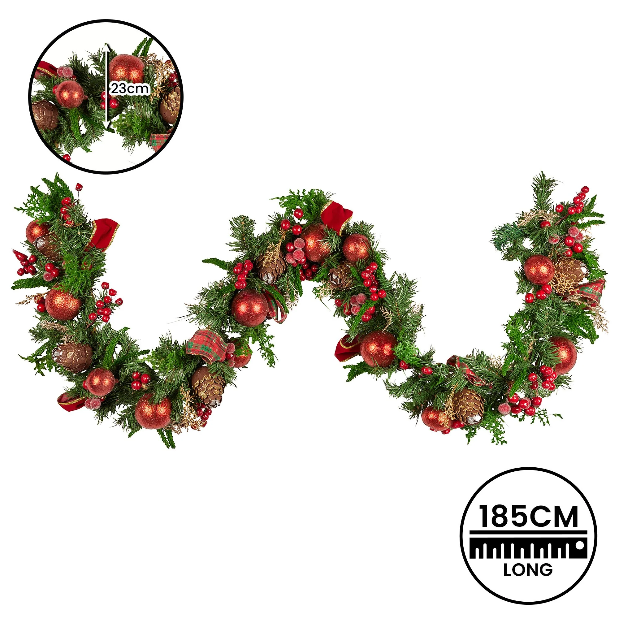 185cm Christmas Garland Lush Green Holiday Garland with Red Berries, Baubles & Pine Cones Pre-Decorated Festive Shelf or Banister Decoration - Image 4