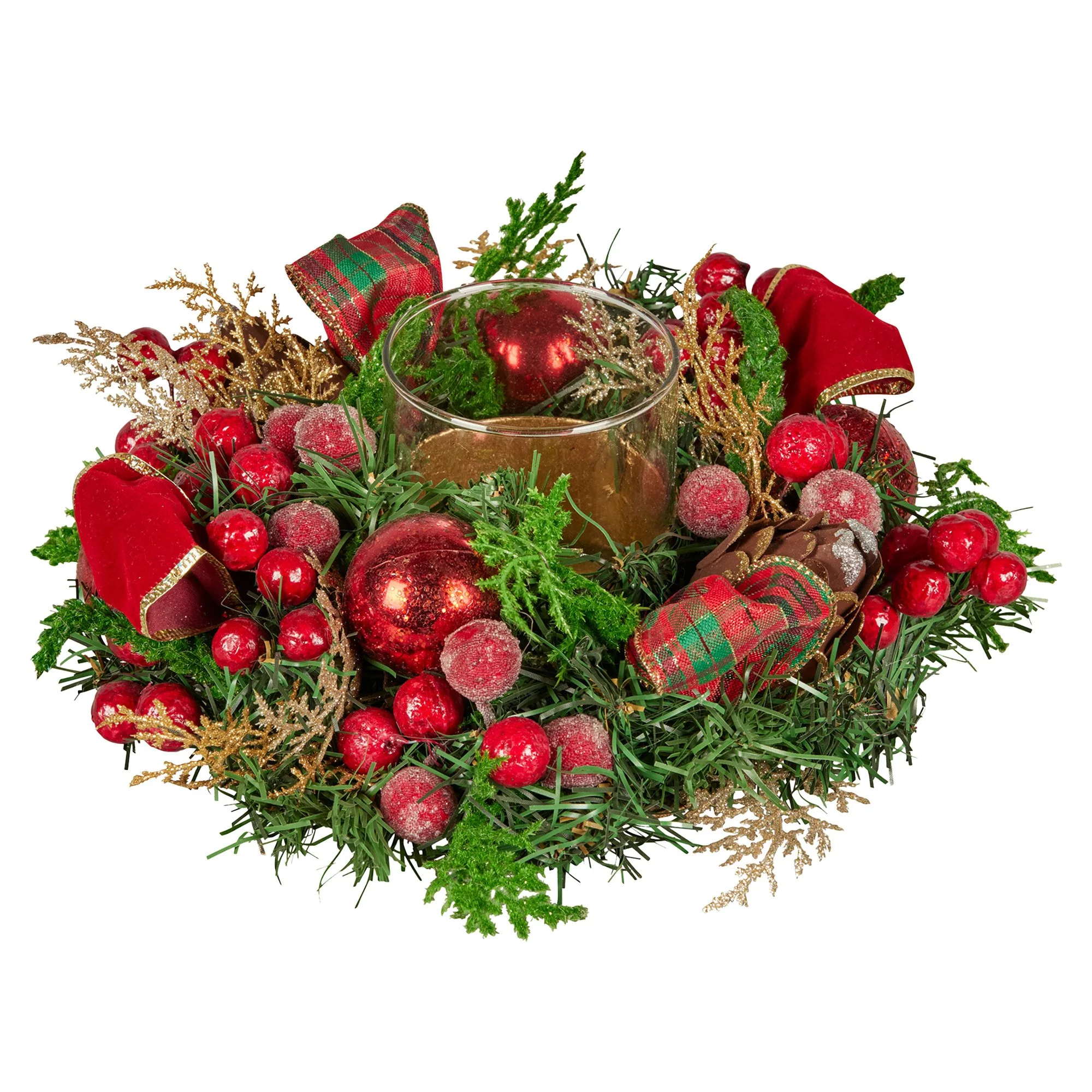 26cm Christmas Centrepiece Lush Green Holiday Display w/Red Berries & Hurricane Candle Holder Pre-decorated for Dining Table Console