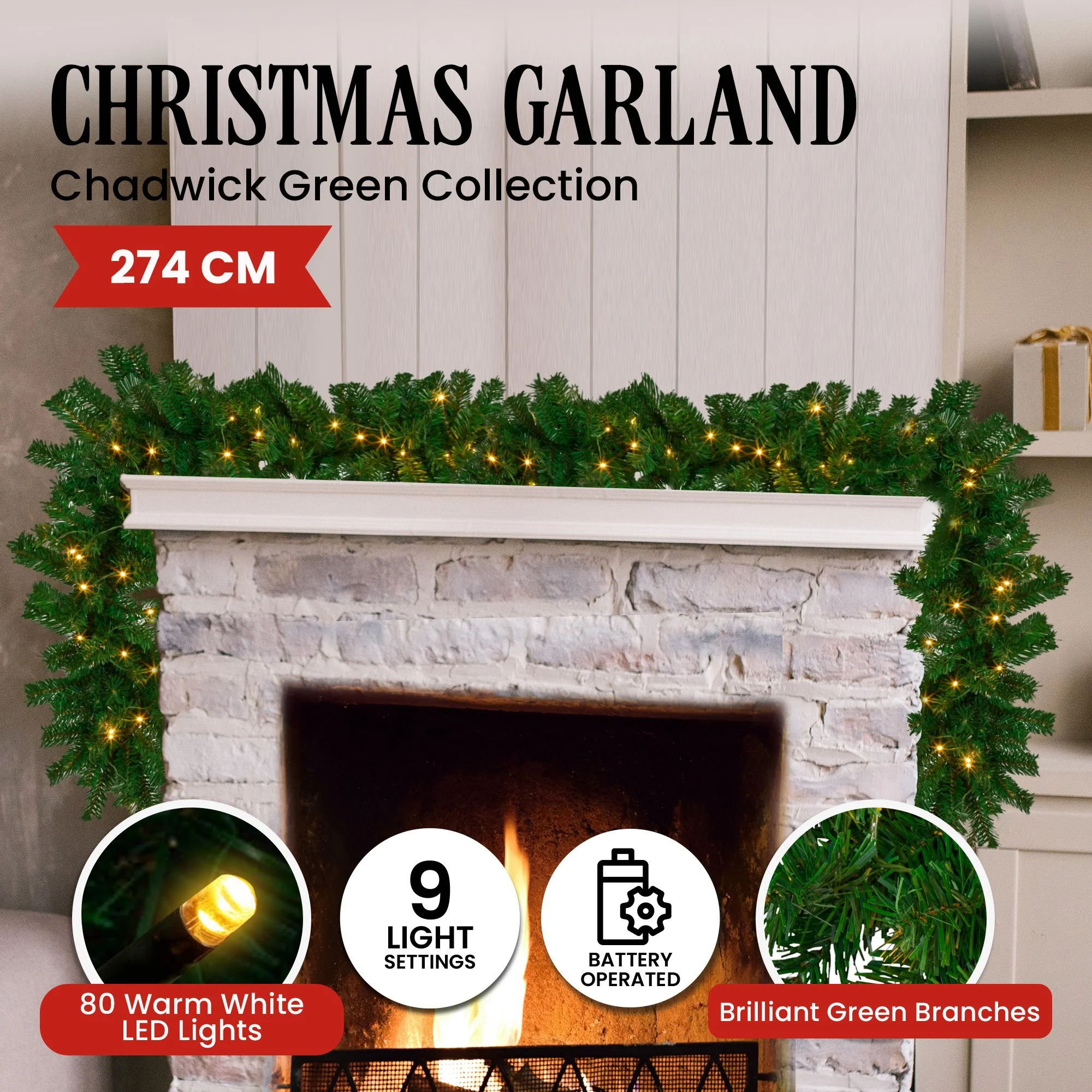 274cm Chadwick Green Pre-Lit Christmas Garland - Image 3