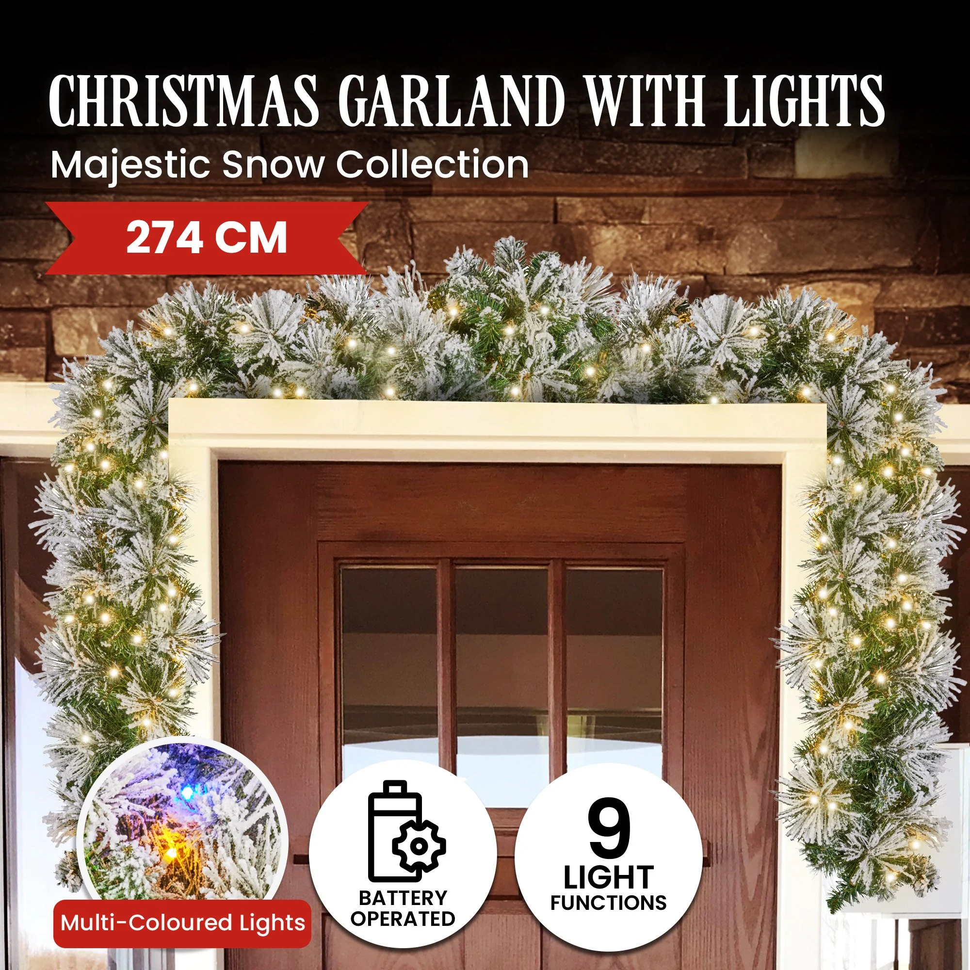 274cm Majestic Snow Prelit Christmas Garland - Image 3