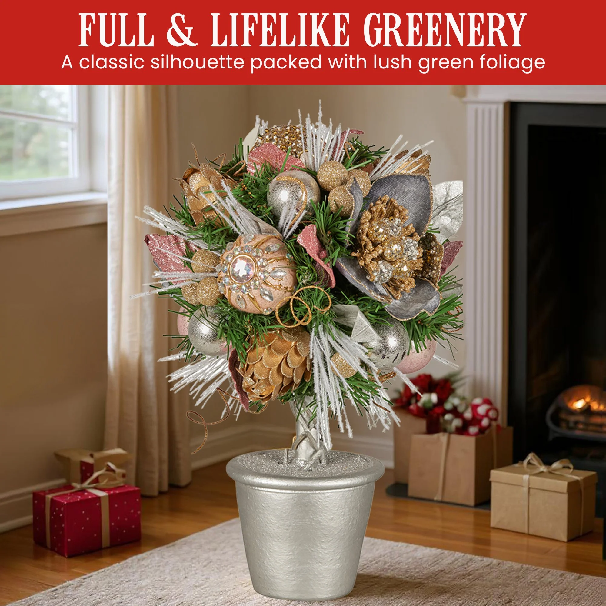 36cm Christmas Tabletop Topiary Tree Jewelled Baubles, Berries, Flowers and Pine Cones Festive Decoration - Image 6