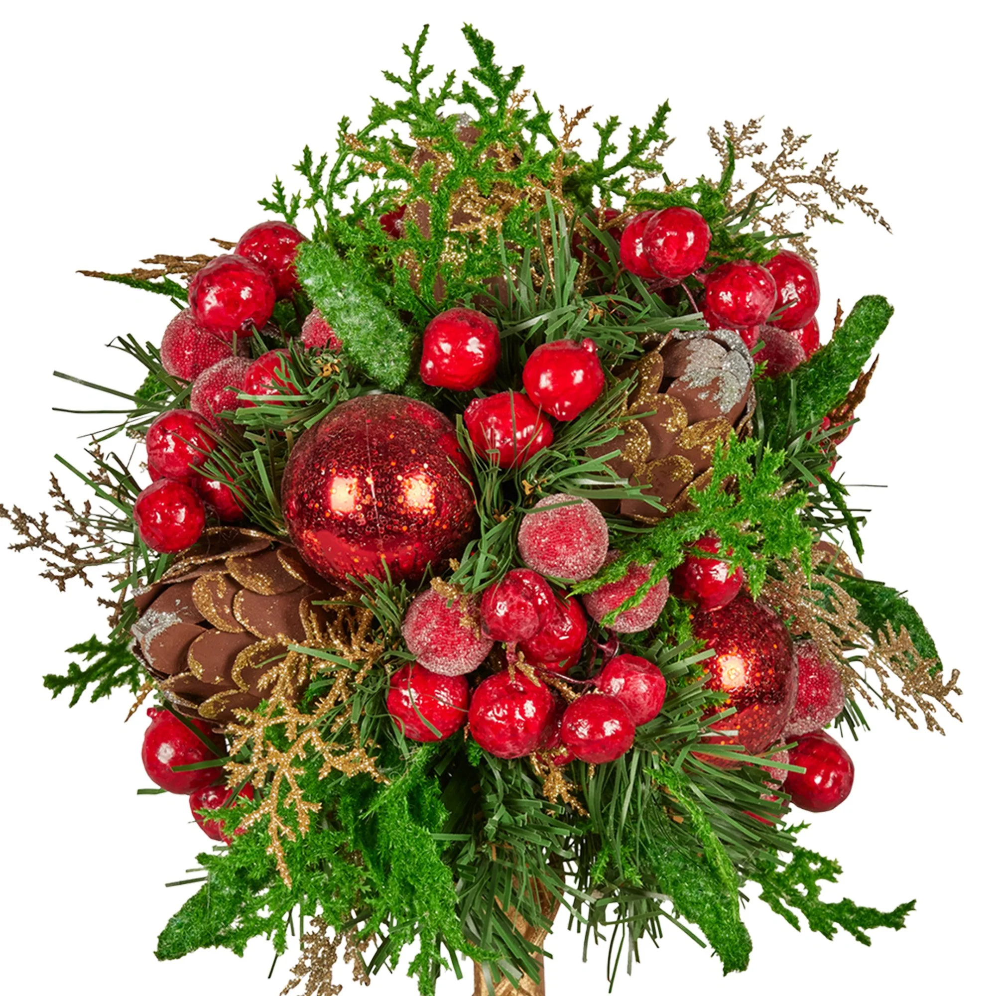 36cm Christmas Tabletop Topiary Tree Pre-Decorated Berries, Baubles & Pine Cones Gold Pot Twisted Stem Festive Decoration - Image 3