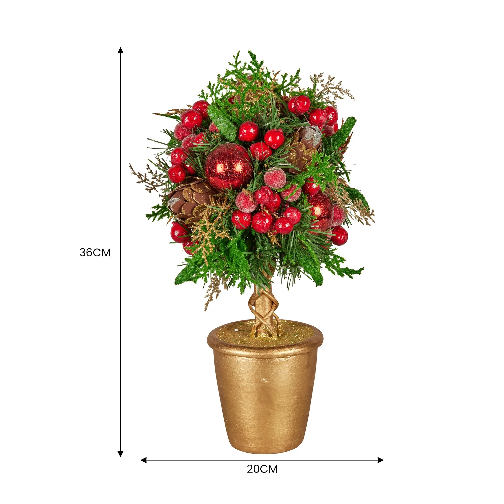 36cm Christmas Tabletop Topiary Tree Pre-Decorated Berries, Baubles & Pine Cones Gold Pot Twisted Stem Festive Decoration - Image 4