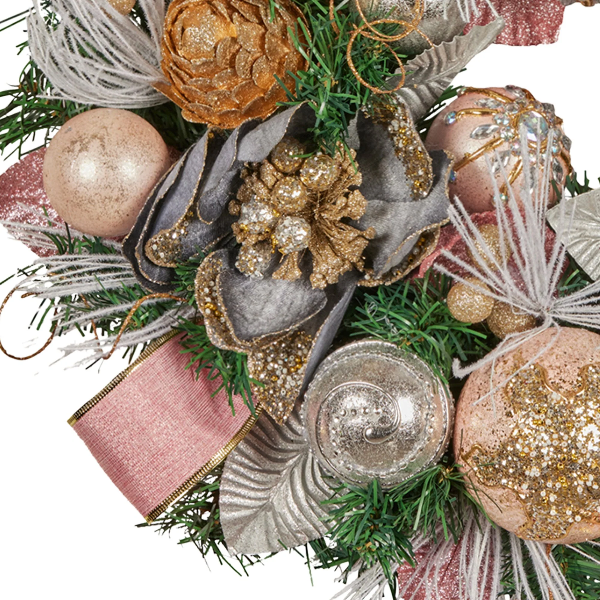 56cm Christmas Wreath Lush Green Holiday Door Wreath w/Jewelled Baubles, Foliage, Flowers, Pine Cones, Ribb - Image 3