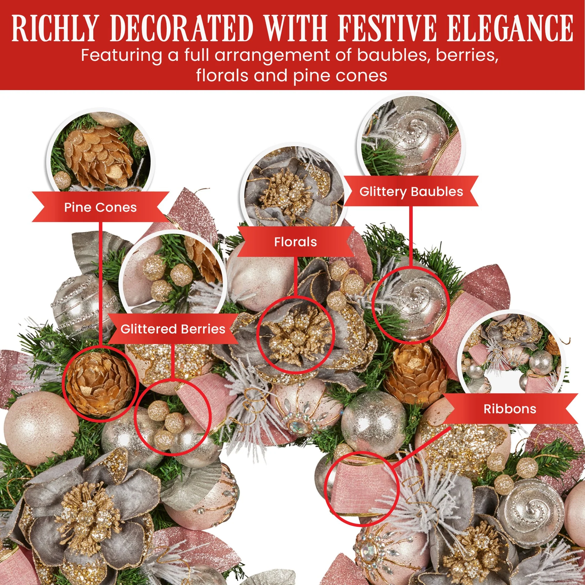 56cm Christmas Wreath Lush Green Holiday Door Wreath w/Jewelled Baubles, Foliage, Flowers, Pine Cones, Ribb - Image 6