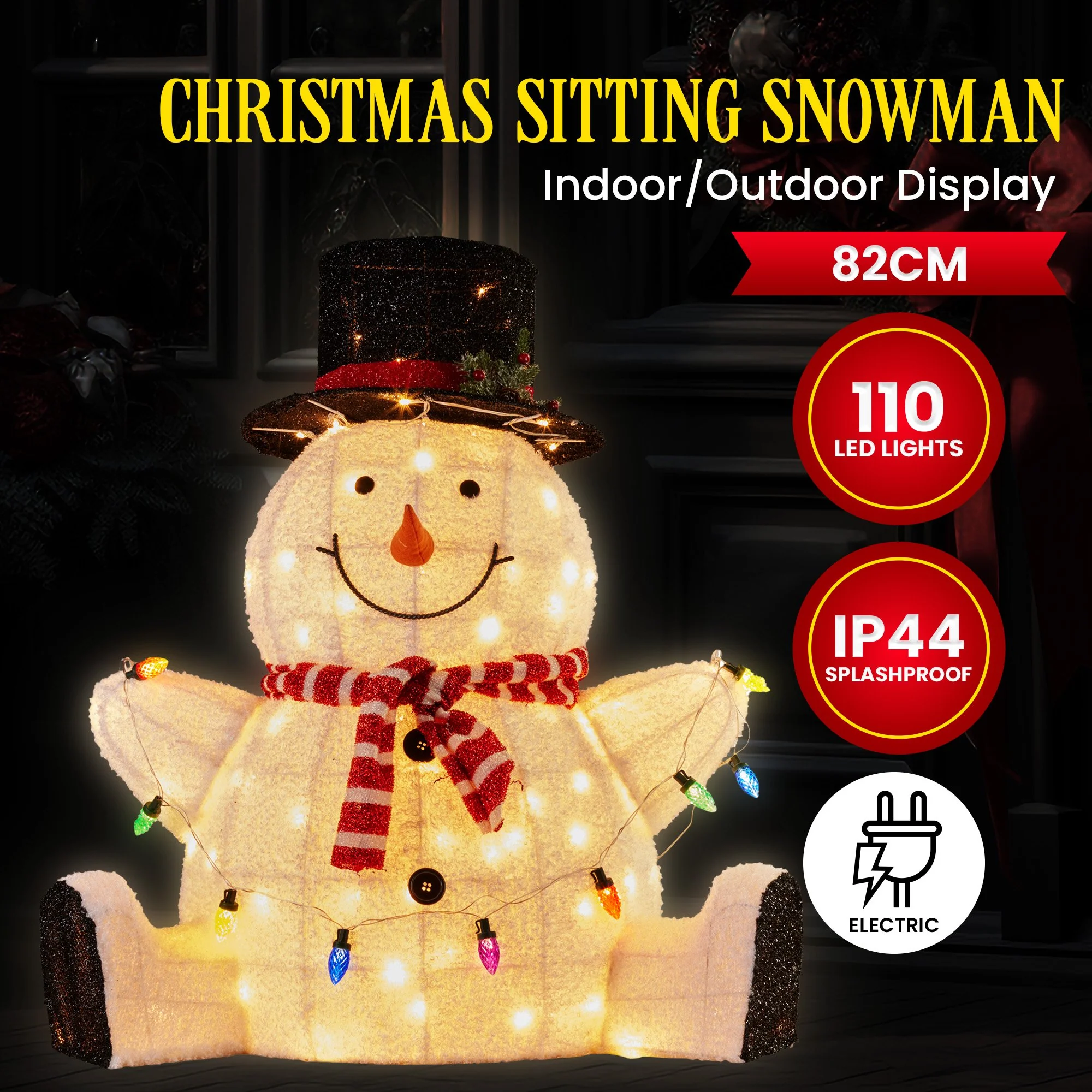 82cm Sitting Snowman Christmas Display with Lights - Image 3