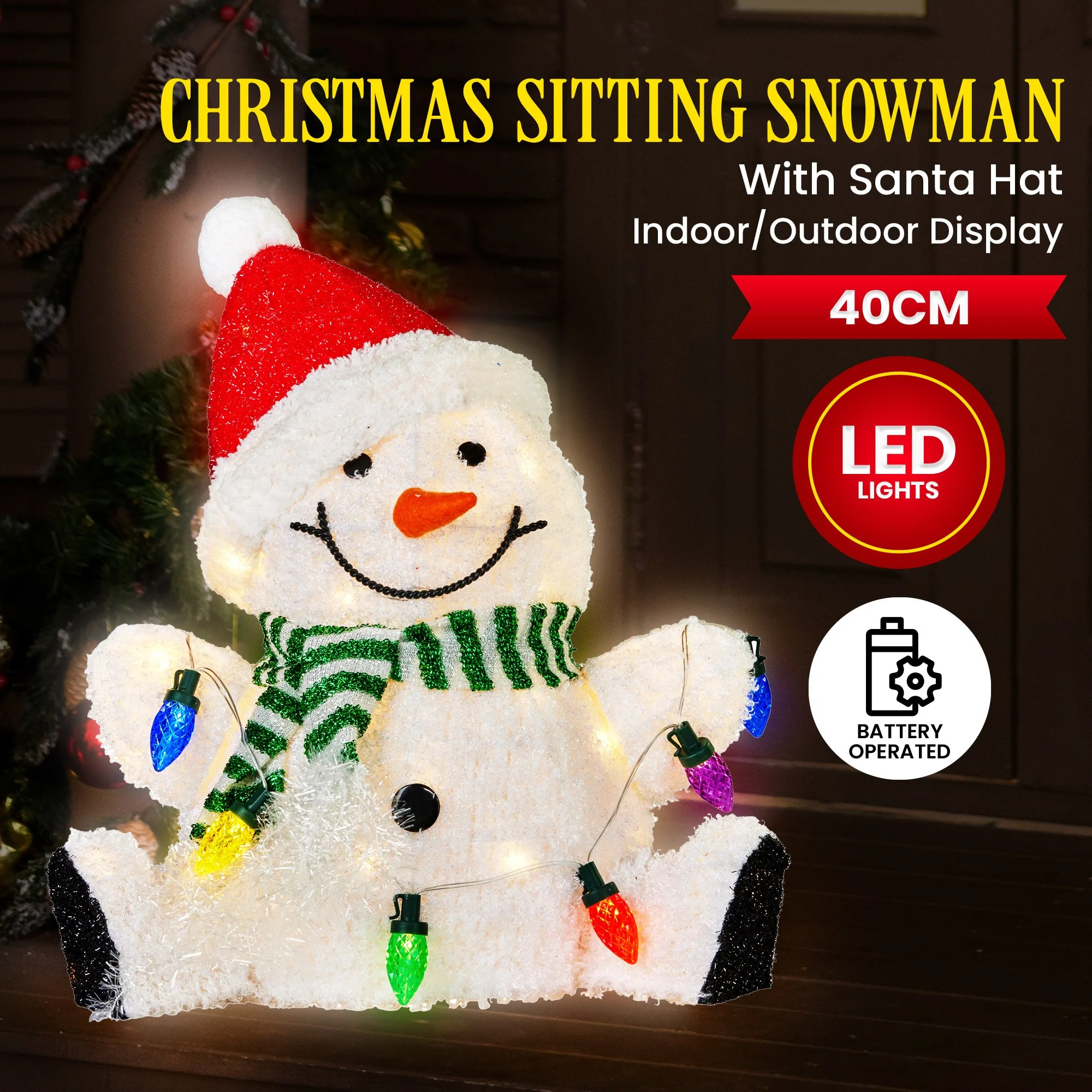 Sitting Christmas Snowman Display With Lights - 40cm - Image 3