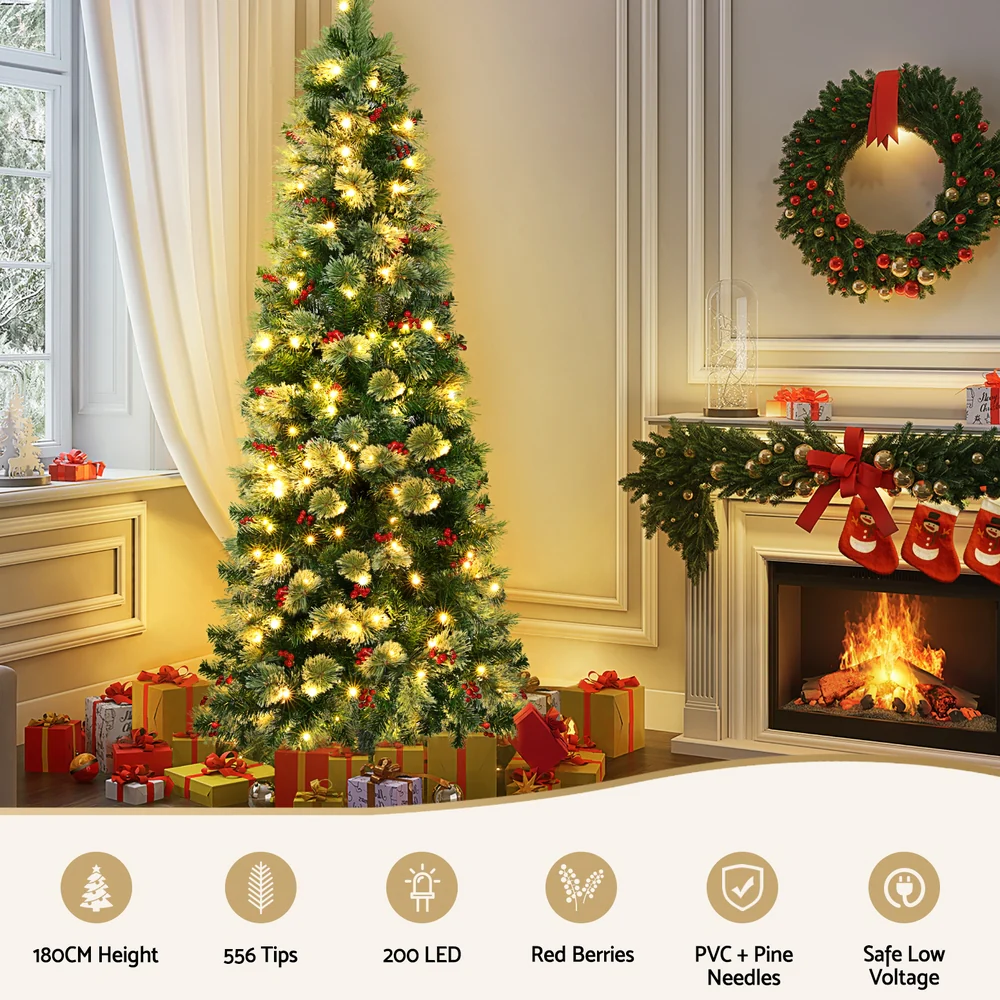 6FT / 1.8M Christmas Tree – Green with Red Berries – 556 Tips – Pre-lit 200 Warm White LED Lights - Image 4