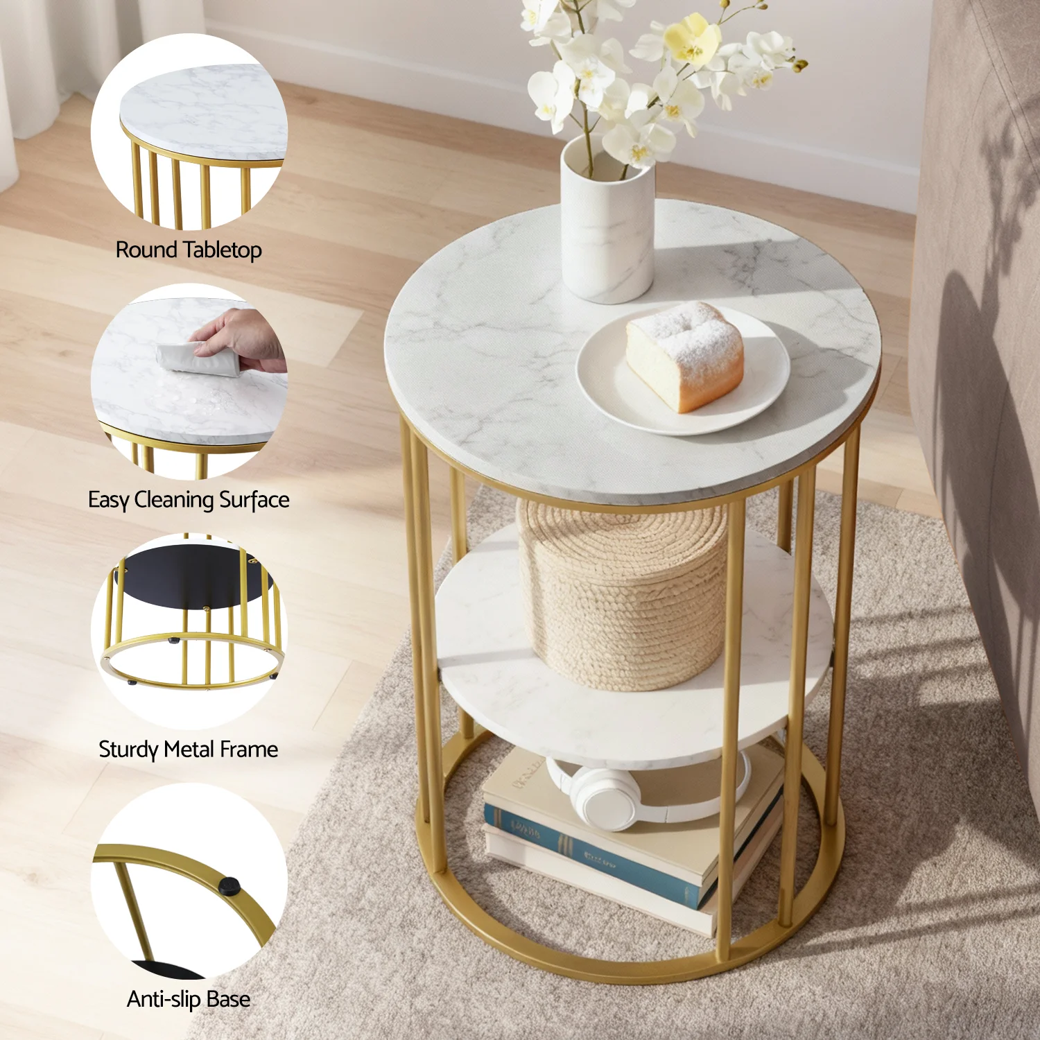 Coffee Table 2-Tier Round Marble Effect White&Gold - Image 5