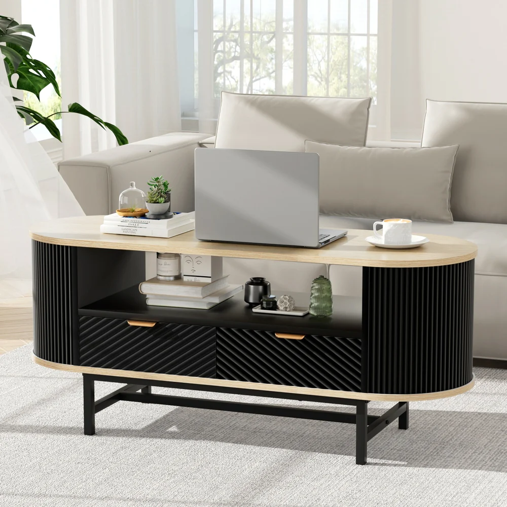 Coffee Table Drawer Shelf Wood&Black - Image 7