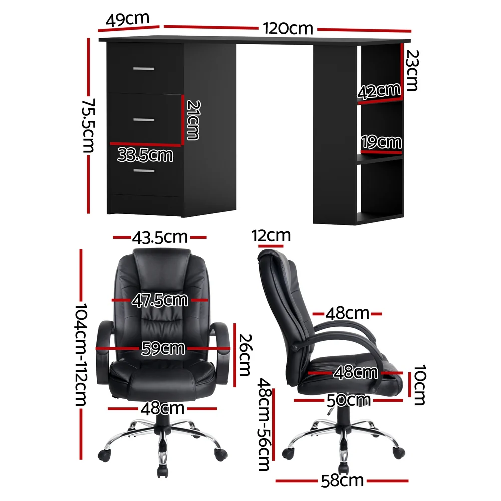 Computer Desk 120cm Executive Office Chair Set PU Leather High Back Black - Image 2