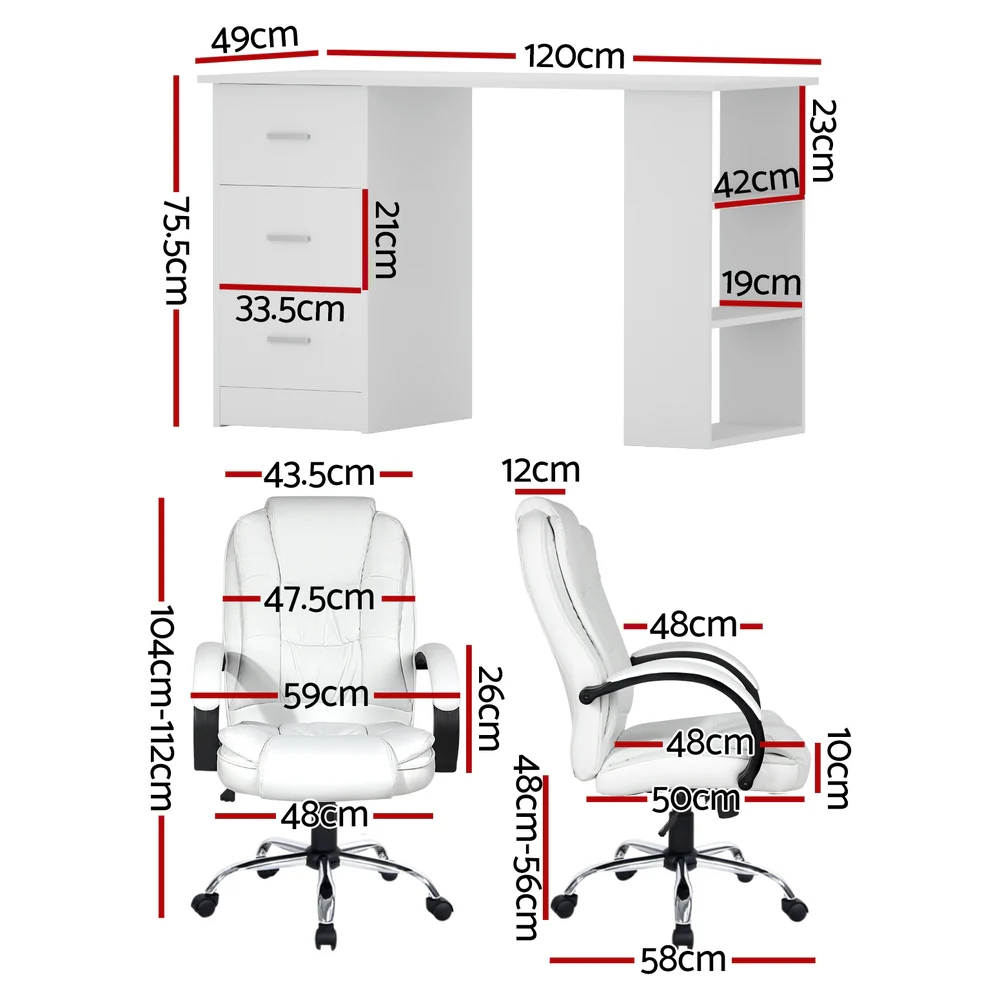 Computer Desk 120cm Executive Office Chair Set PU Leather High Back White - Image 2
