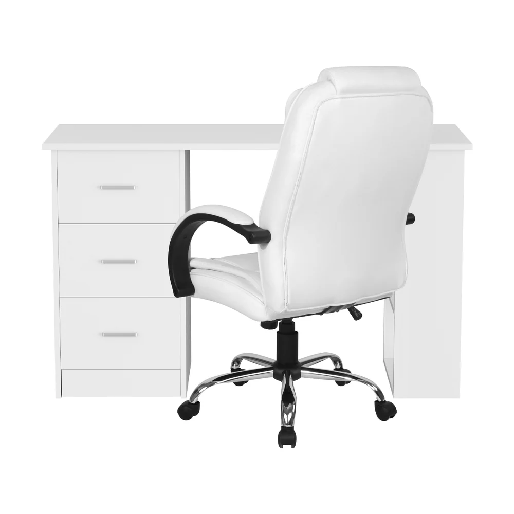 Computer Desk 120cm Executive Office Chair Set PU Leather High Back White - Image 3