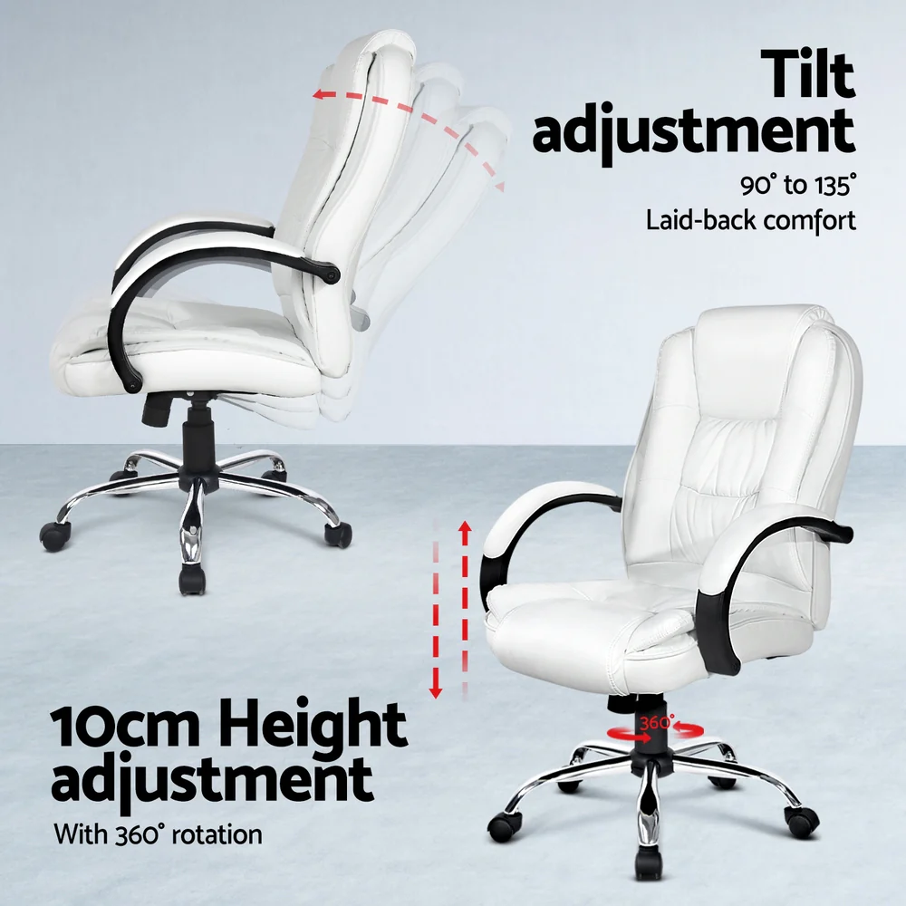Computer Desk 120cm Executive Office Chair Set PU Leather High Back White - Image 5