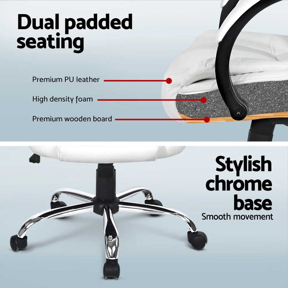 Computer Desk 120cm Executive Office Chair Set PU Leather High Back White - Image 6