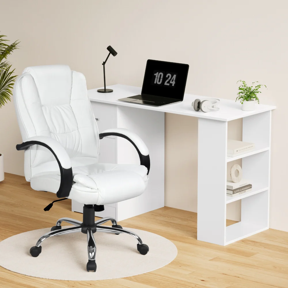 Computer Desk 120cm Executive Office Chair Set PU Leather High Back White - Image 7