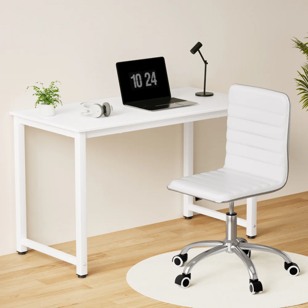 Computer Desk 120cm Executive Office Chairs Set PU Leather Low Back White - Image 7