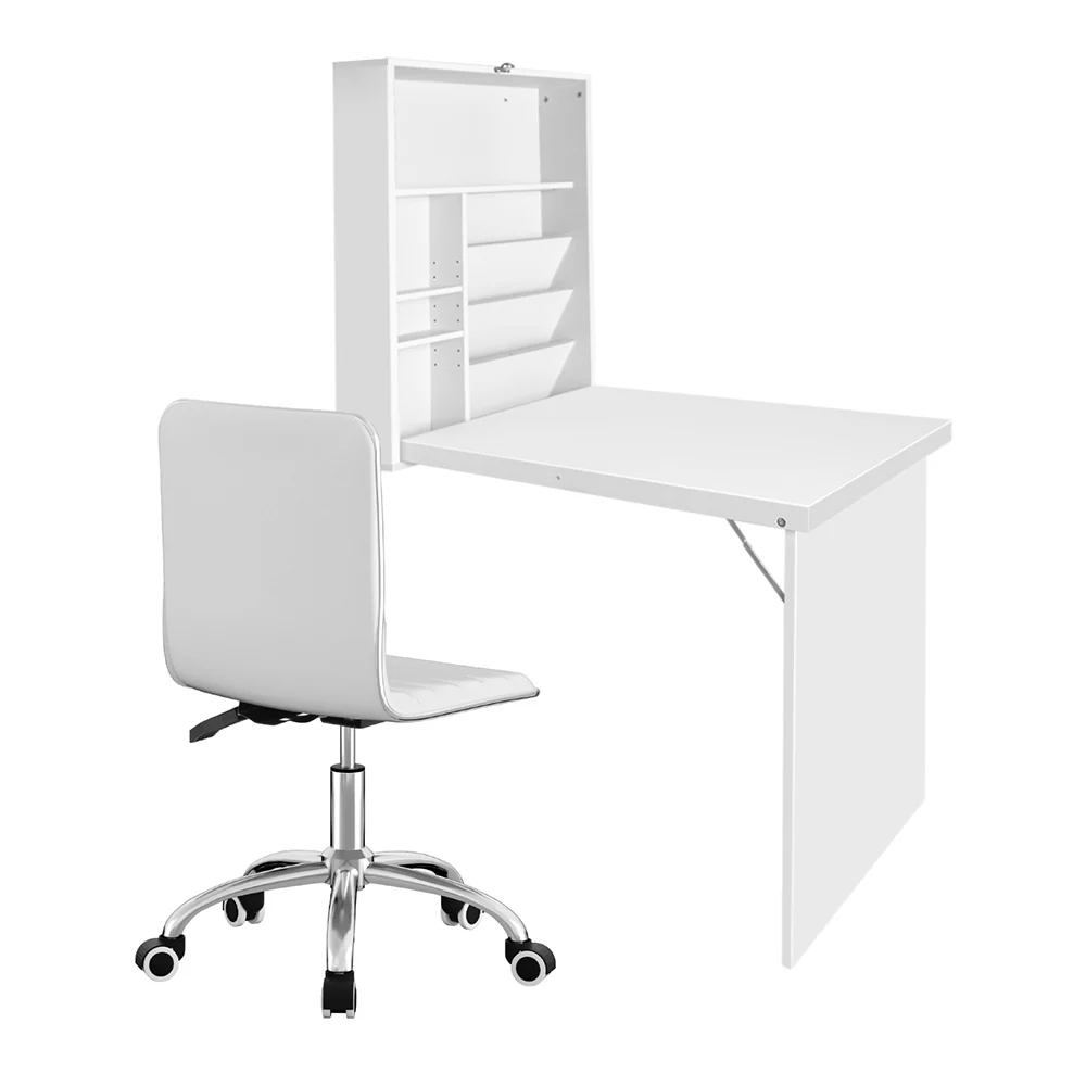 Computer Desk Office Chair Set PU Leather Wall Mount Foldable Table White - Image 3