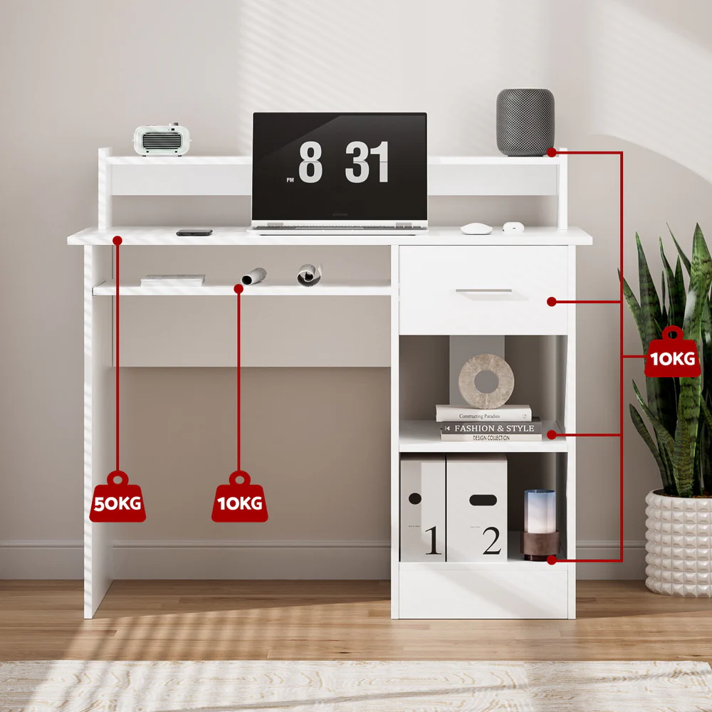 Computer Desk Shelf Drawer Cabinet White 100CM - Image 5