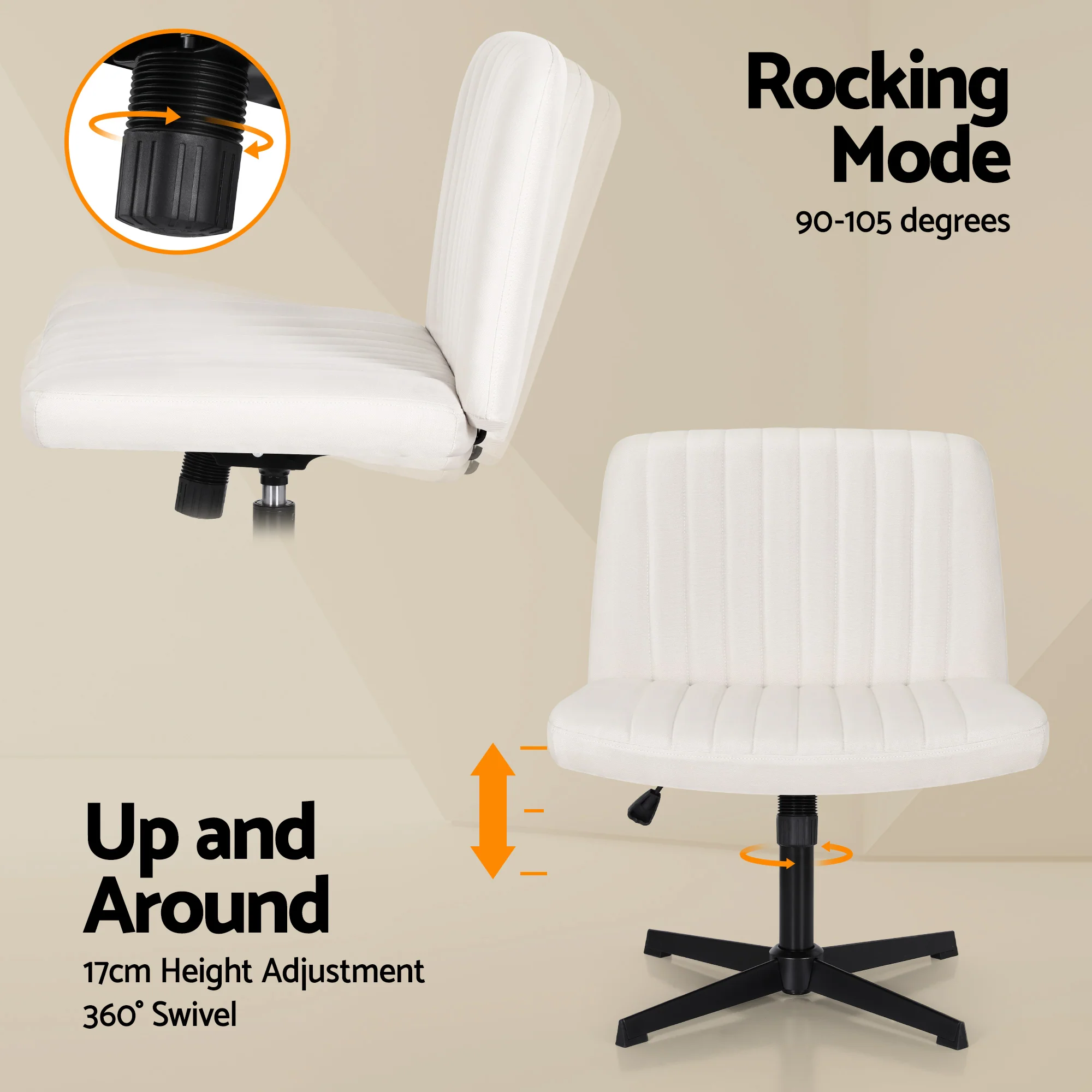 Criss Cross Wide Fabric Office Desk Vanity Chair Armless Swivel Height Adjustable - Beige - Image 6