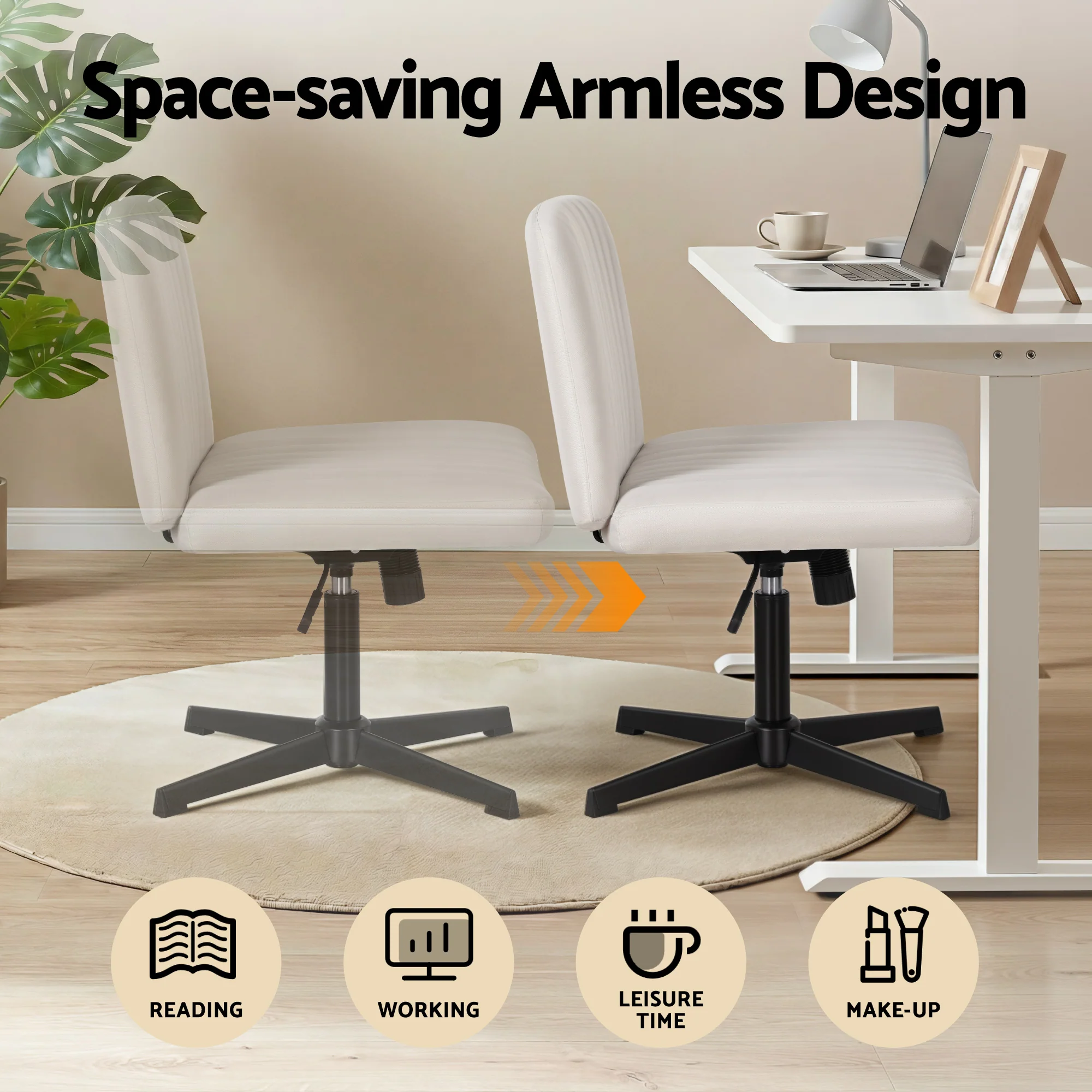 Criss Cross Wide Fabric Office Desk Vanity Chair Armless Swivel Height Adjustable - Beige - Image 7