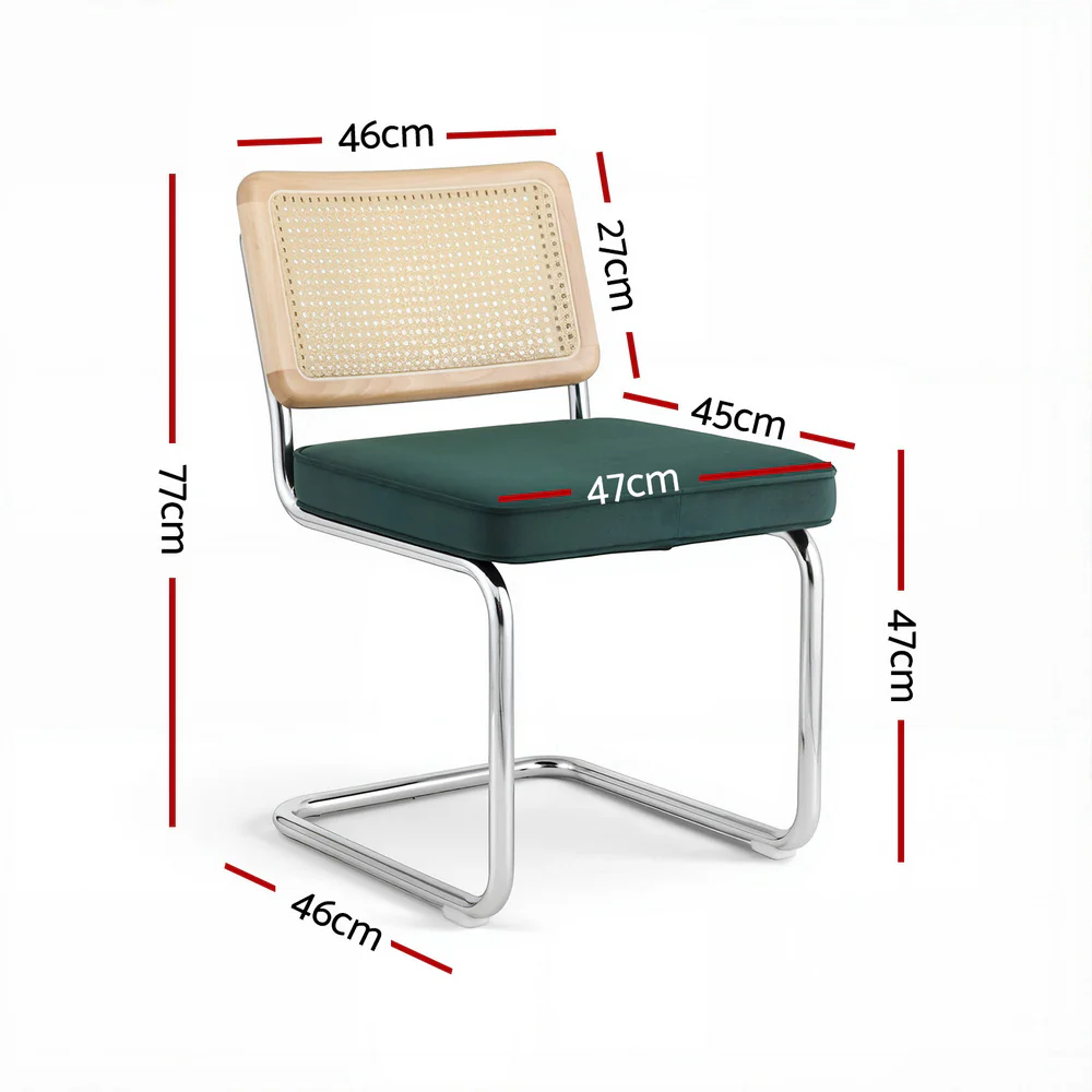 Dining Chairs Set of 2 Velvet Rattan Cantilever Green - Image 2