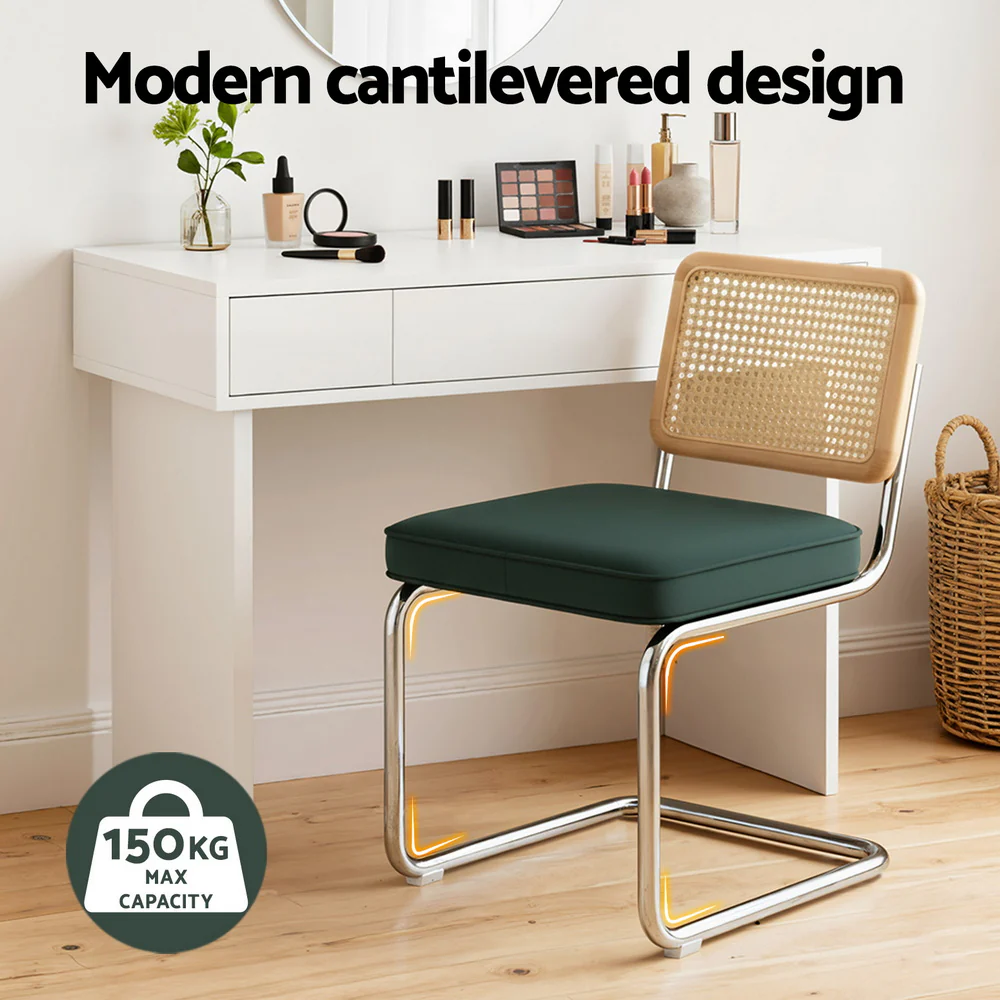 Dining Chairs Set of 2 Velvet Rattan Cantilever Green - Image 4