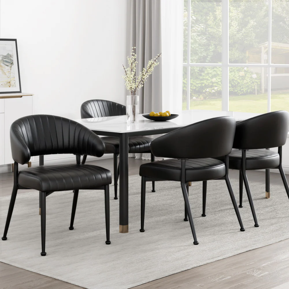 Dining Chairs Set of 4 Leather Hollow Armchair Black - Image 7