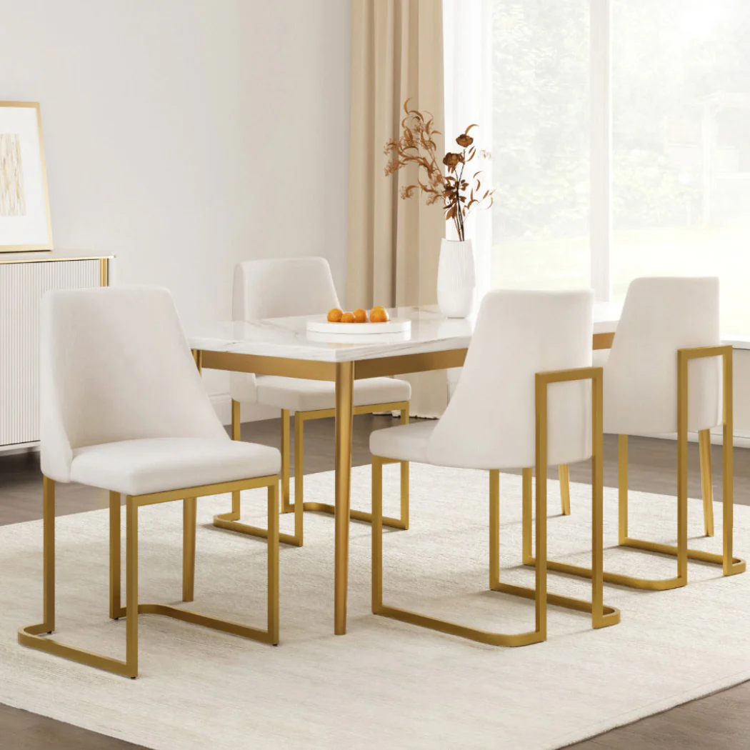 Dining Chairs Set of 4 Linen Fabric Frame Beige - Image 7