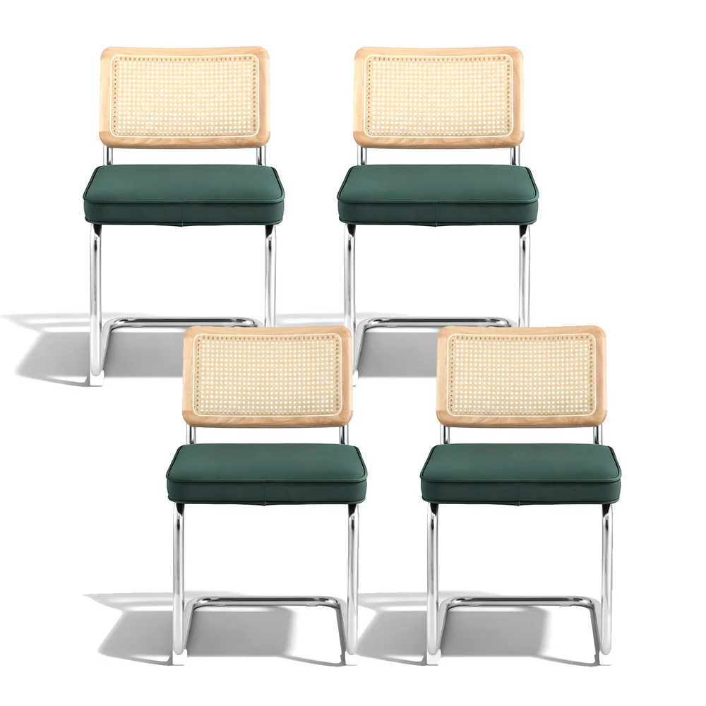 Dining Chairs Set of 4 Velvet Rattan Cantilever Green - Image 3
