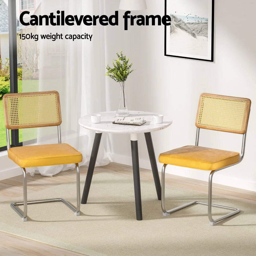 Dining Chairs Set of 4 Velvet Rattan Cantilever Yellow - Image 4