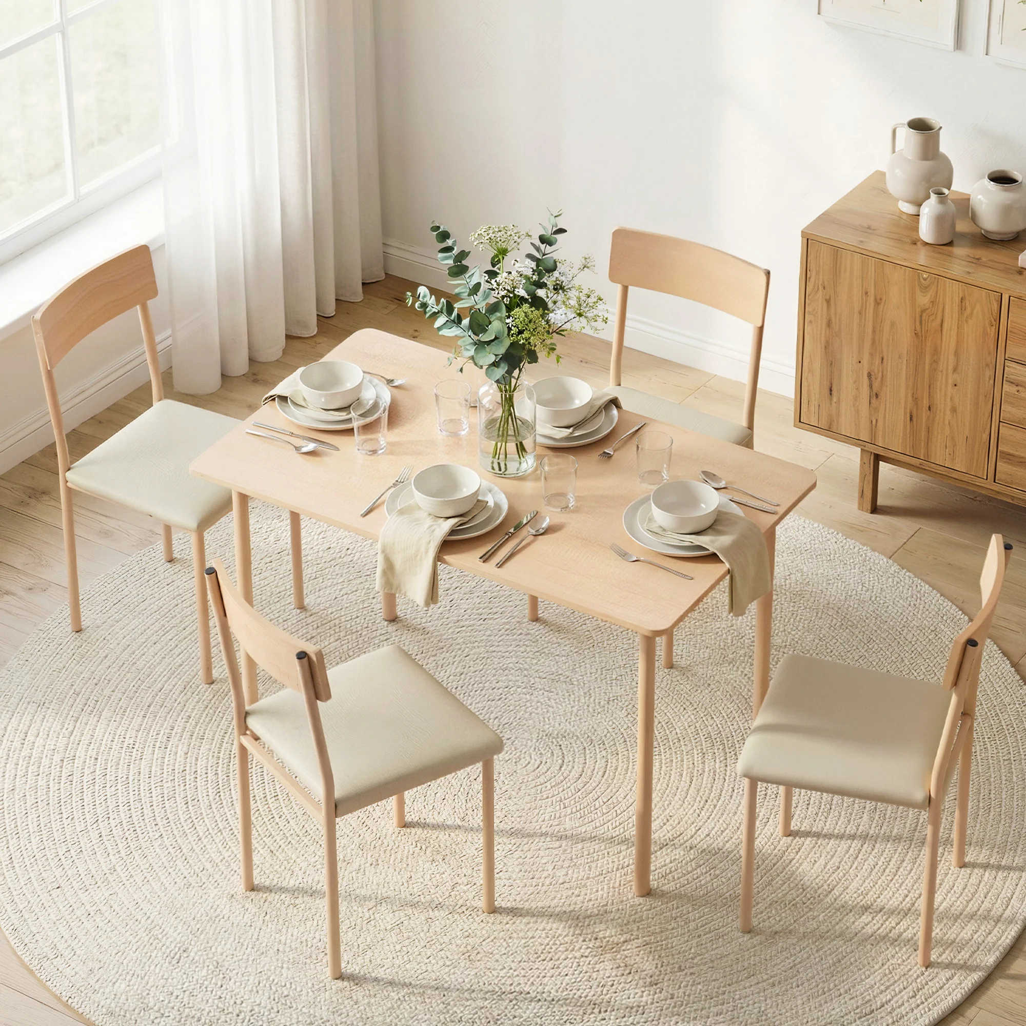 Dining Table and 4 Chairs Set Compact Kitchen Furniture 110cm - Natural Beige - Image 9