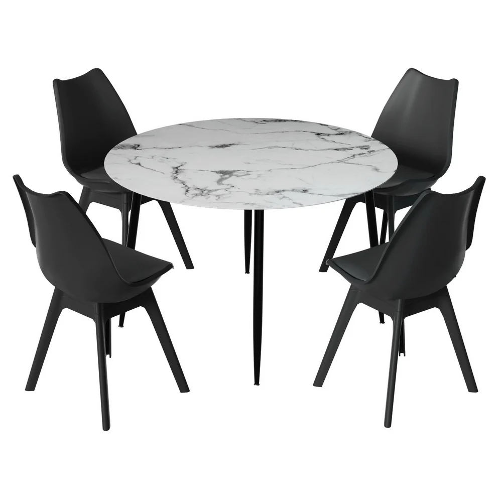 Dining Table and 4 Chairs Set Marble Black