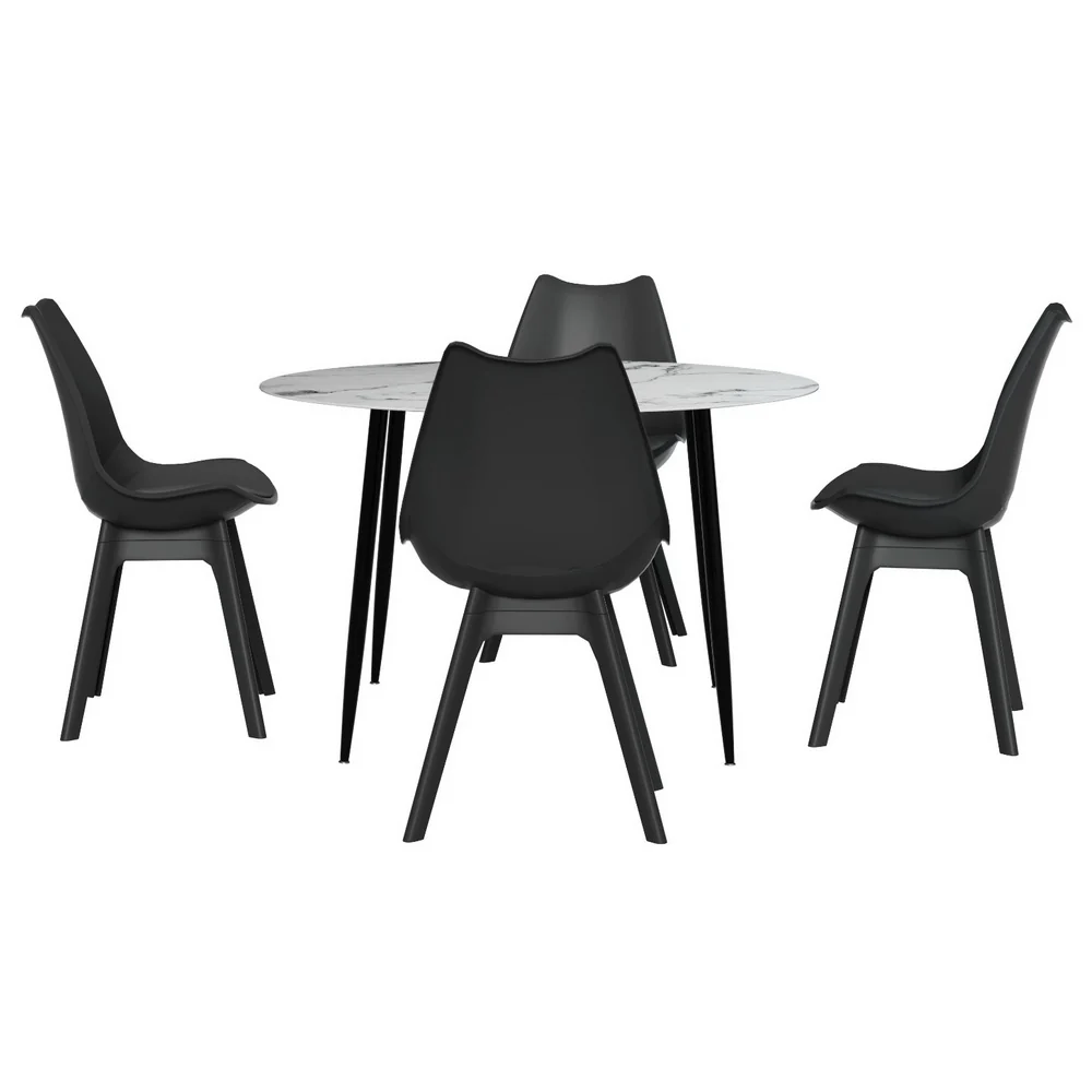 Dining Table and 4 Chairs Set Marble Black - Image 3