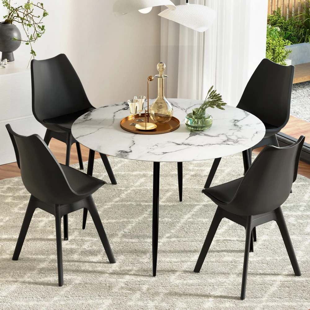 Dining Table and 4 Chairs Set Marble Black - Image 7