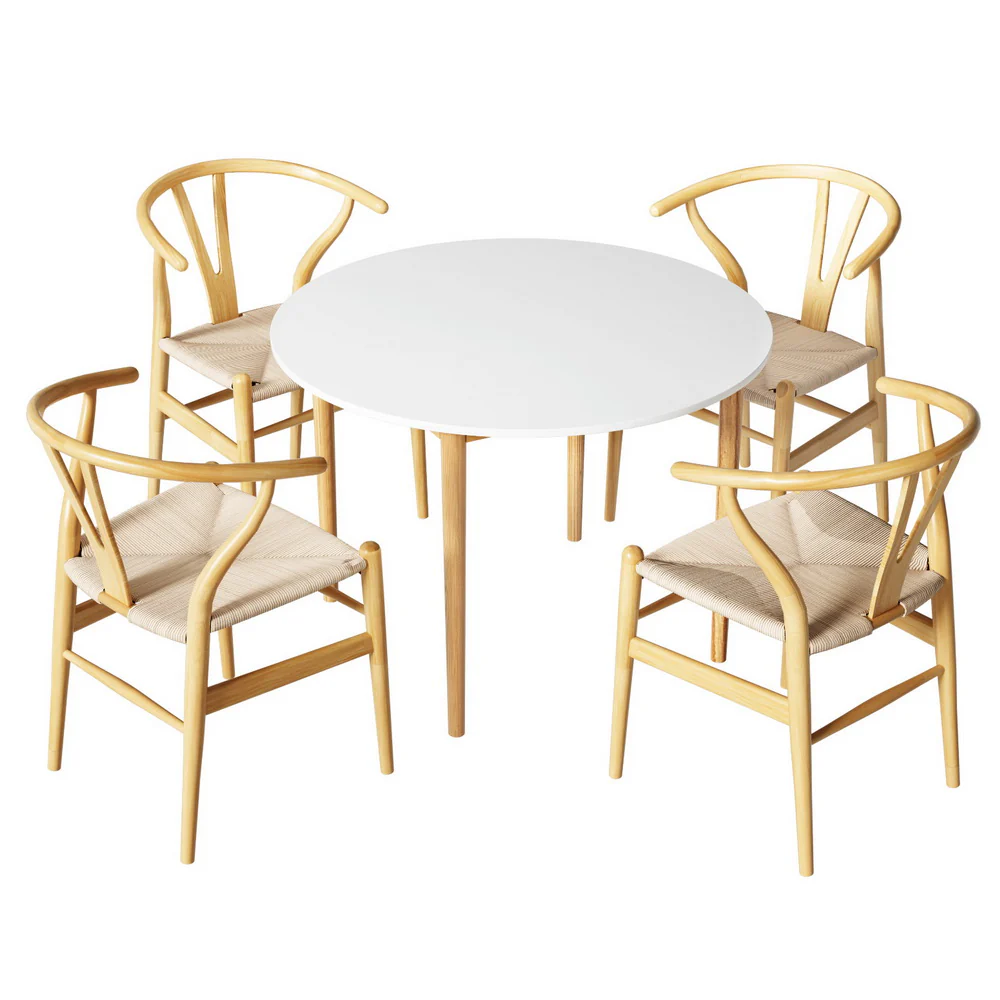 Dining Table and 4 Chairs Set Wishbone Wood