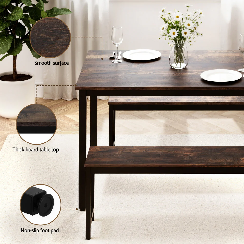 Dining Table and Chairs Set 3PCS Kitchen Metal Desk Bench Dark Walnut - Image 6
