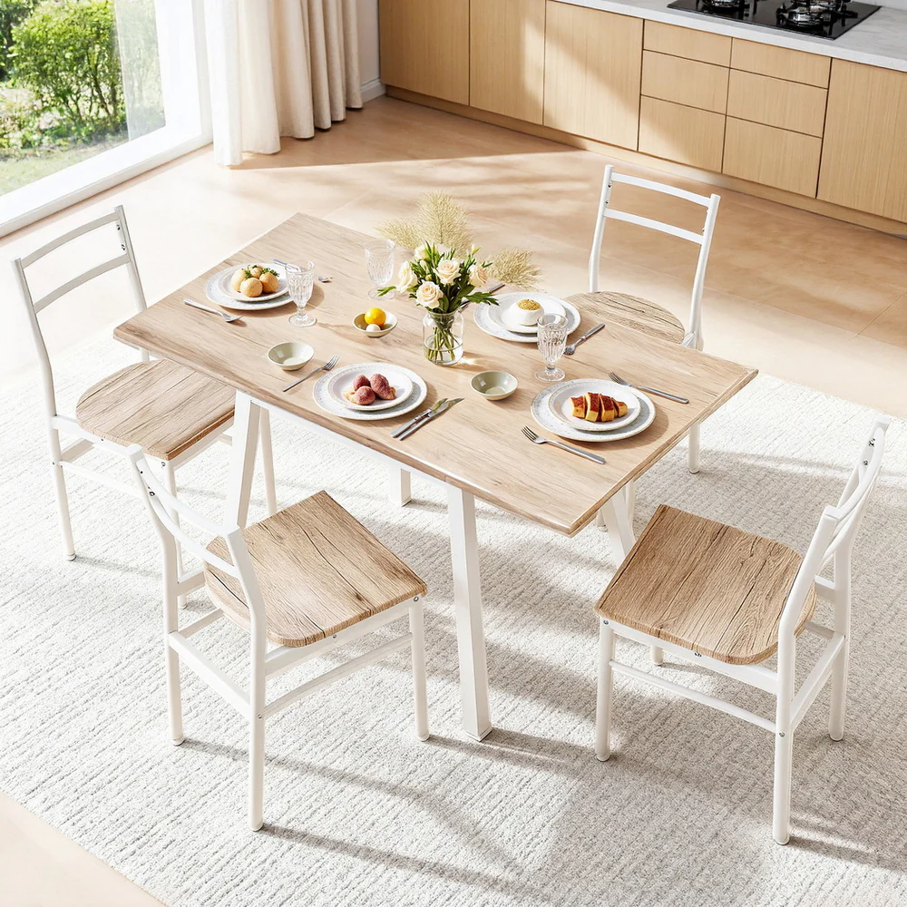 Dining Table and Chairs Set 5pcs Foldable Kitchen Furniture Natural White - Image 7