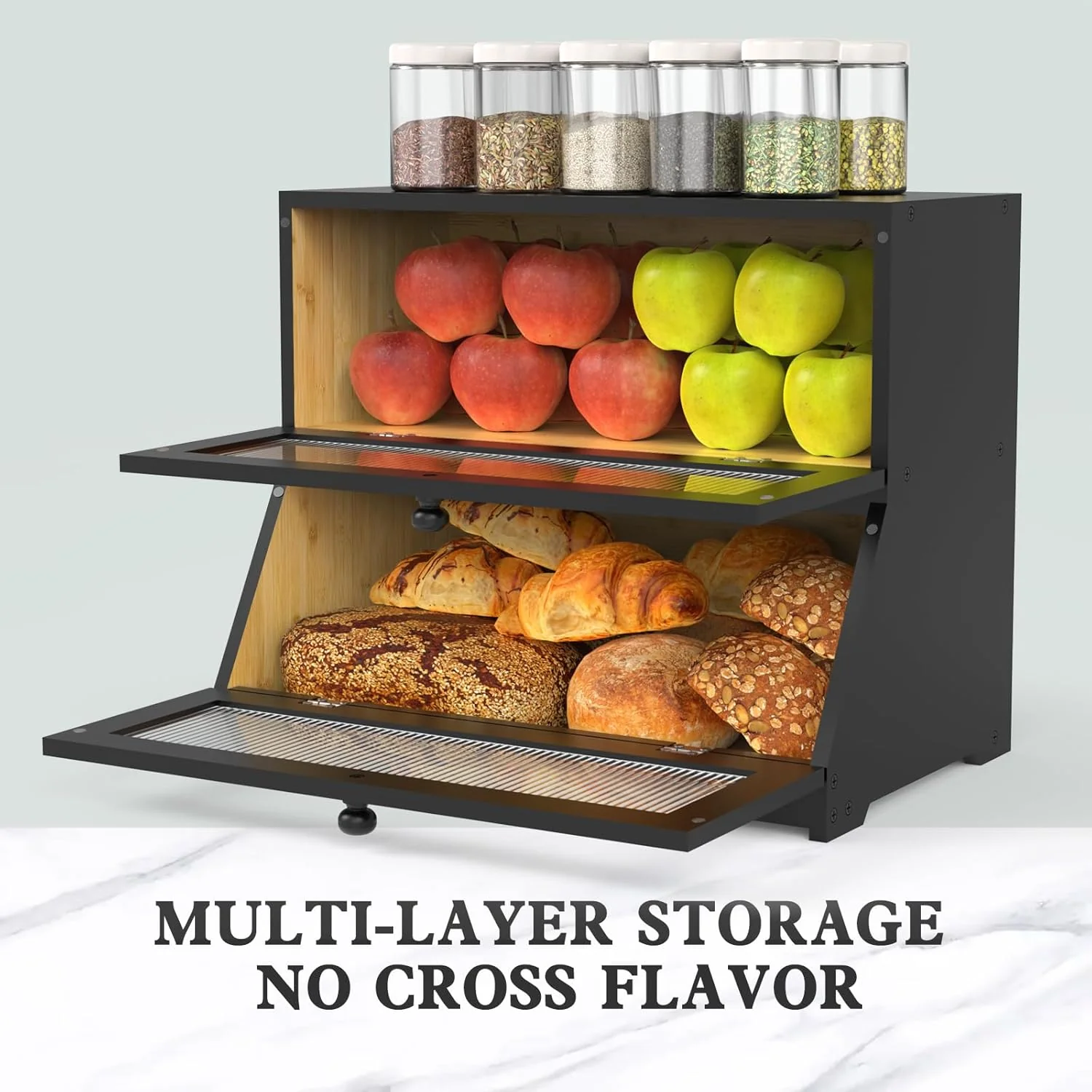Double Layer Bamboo Bread Box for Kitchen Counter - Large Capacity Bread Storage Container with Clear Window, Easy Assembly, Farmhouse Style Bread Holder (Black) - Image 5