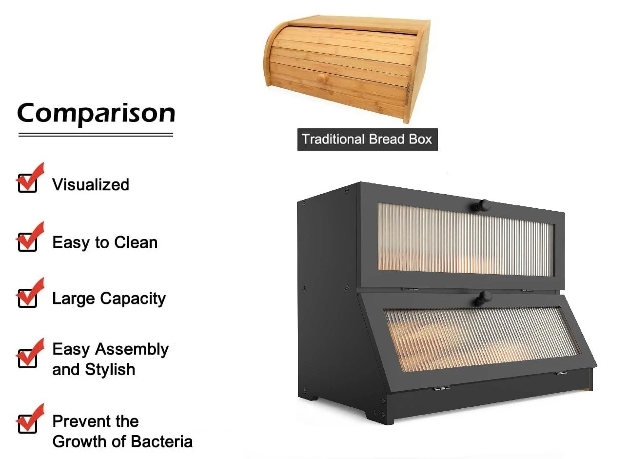 Double Layer Bamboo Bread Box for Kitchen Counter - Large Capacity Bread Storage Container with Clear Window, Easy Assembly, Farmhouse Style Bread Holder (Black) - Image 7