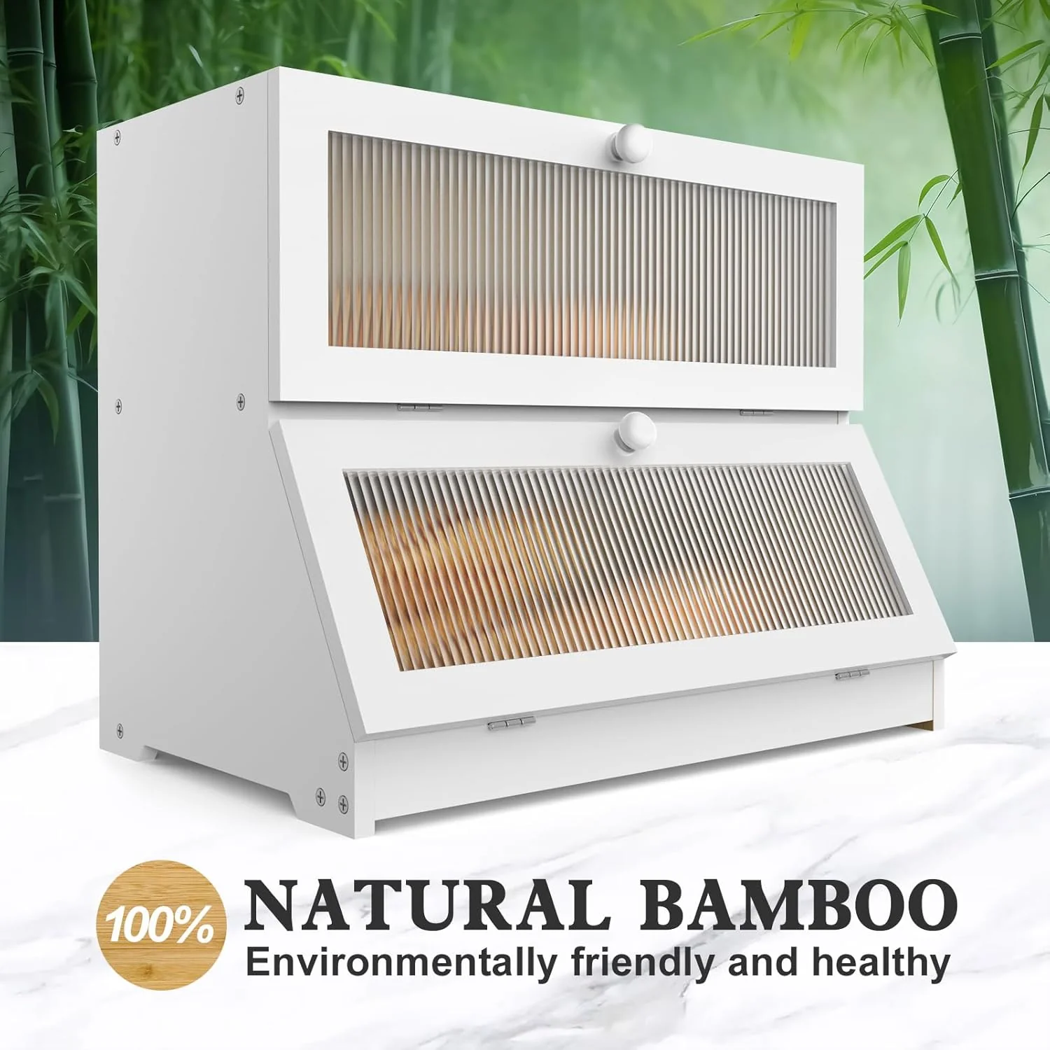 Double Layer Bamboo Bread Box for Kitchen Counter - Large Capacity Bread Storage Container with Clear Window, Easy Assembly, Farmhouse Style Bread Holder (White) - Image 5