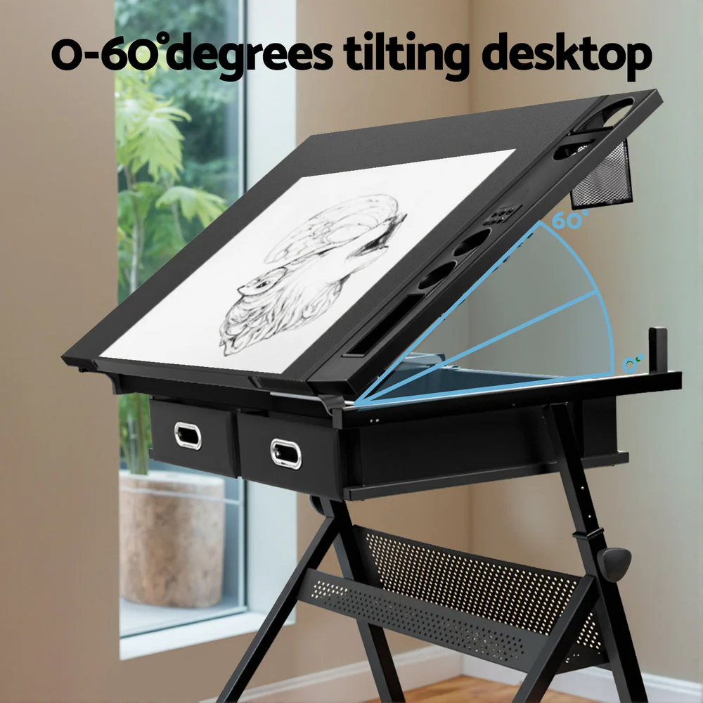 Drawing Desk Stool Set Drafting Table Adjustable Angle Tilt Drawers Black - Image 5