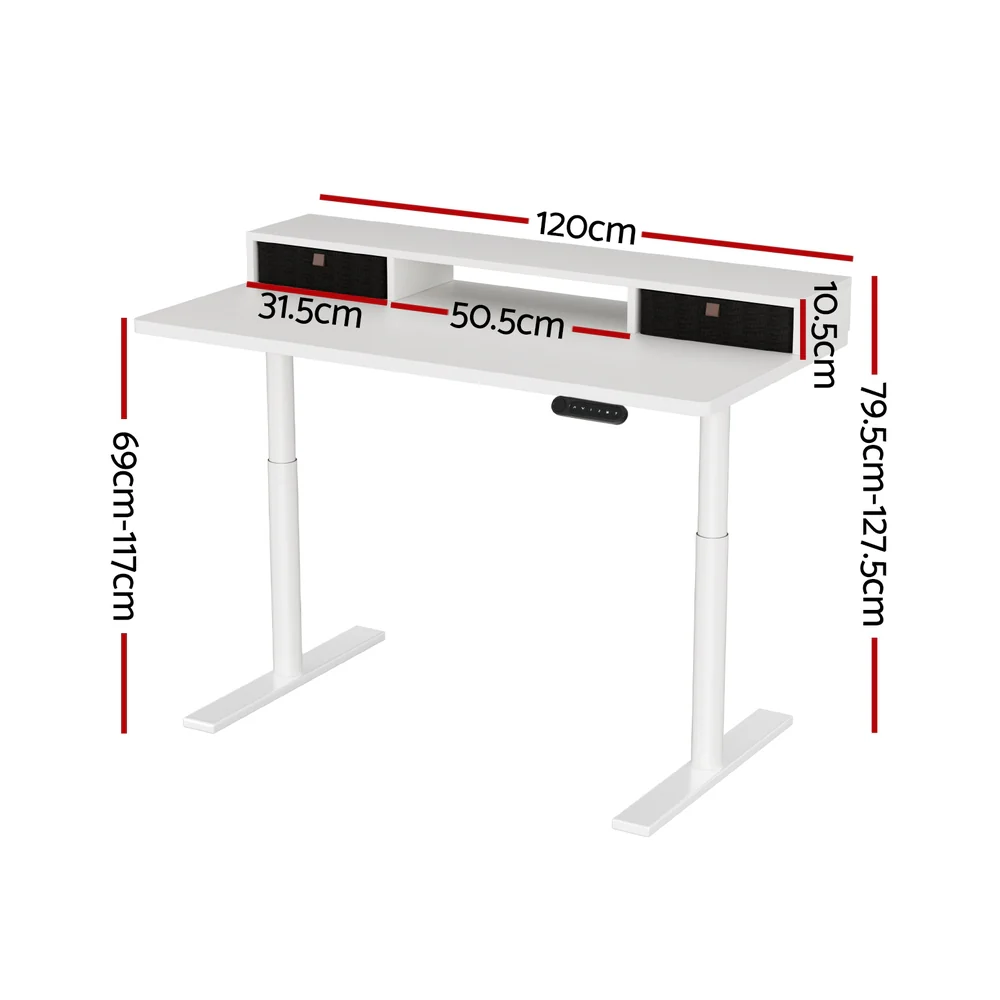 Electric Standing Desk with Storage Rack Shelf Drawers White 120CM - Image 2