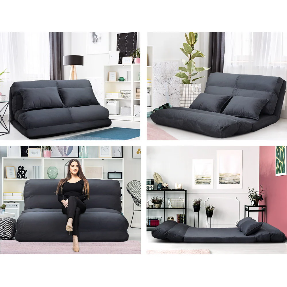 Floor Lounge Sofa Bed 2-seater Charcoal Suede - Image 7