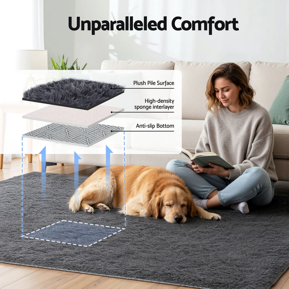 Floor Rug 160x230cm Plush Area Shaggy Rug Living Room Bedroom Carpet Grey - Image 4