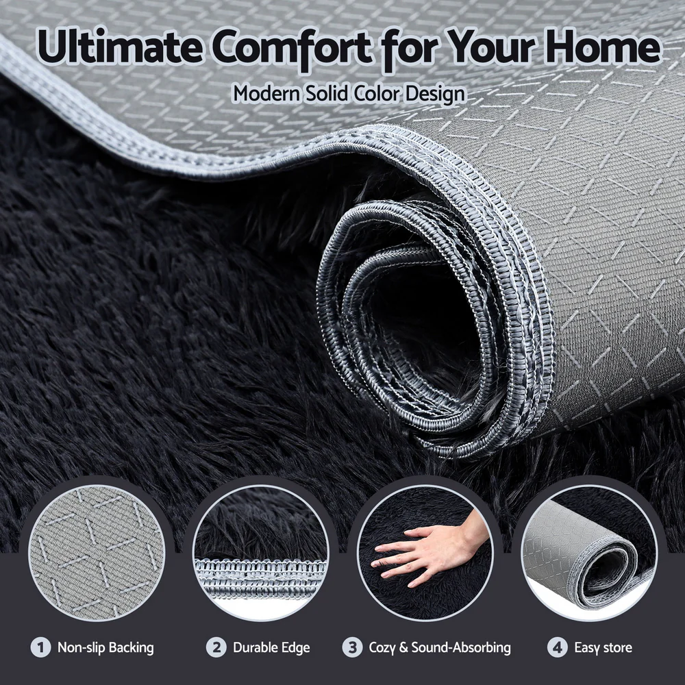 Floor Rug 200x290cm Plush Area Shaggy Rug Living Room Bedroom Carpet Black - Image 5
