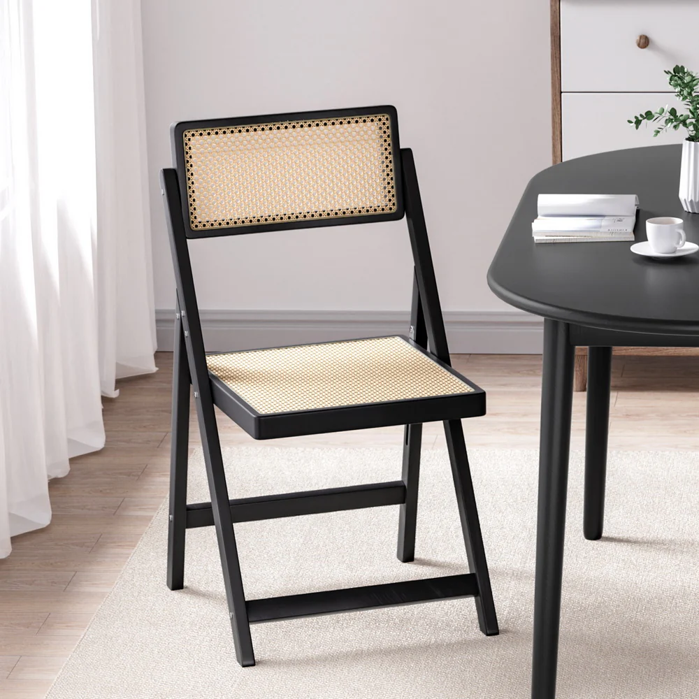 Foldable Rattan Dining Chair Wooden Black - Image 2